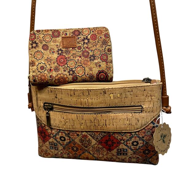 Cork Crossbody Purse & Wallet Set Portugal Vegan Floral Lightweight Travel Boho - Picture 1 of 16